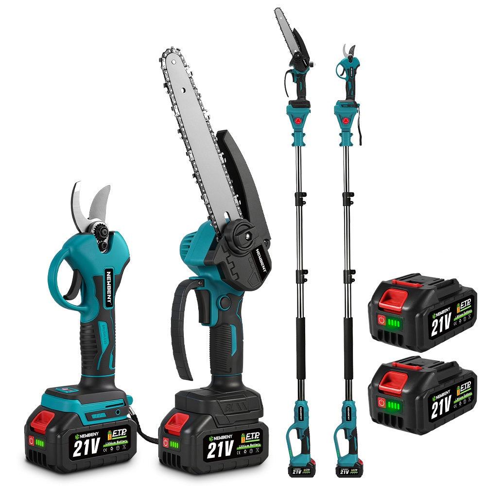 Juego de herramientas de poda inalámbricas NewBeny – Motosierra de 8", tijeras de podar de 30 mm y poste telescópico de 208 cm, 2 baterías con cargador