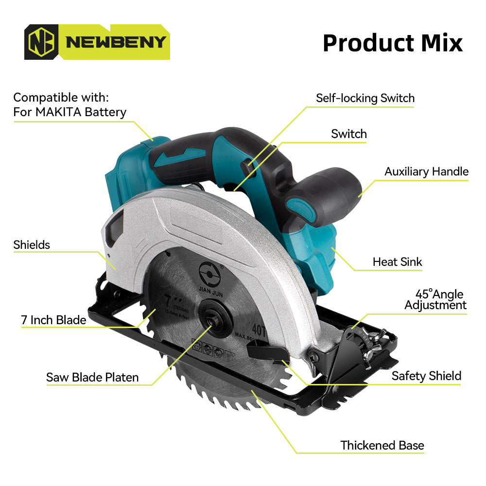 NewBeny 7 Inch 180mm Brushless Cordless Circular Saw with 3 Blades For Makita 18V Battery