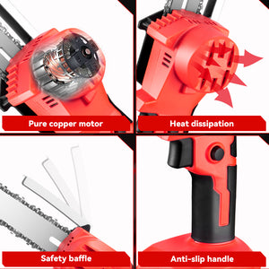 Red power tool with focus on motor, heat dissipation, safety baffle, and anti-slip handle.
