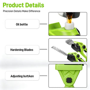 Product details infographic for a green and black cordless hedge trimmer. The graphic features three labeled callouts: 'Oil bottle' showing a bottle pouring oil into the product's reservoir, 'Hardening Blades' showing the hedge trimmer with an attached metal blade attachment, and 'Adjusting buttAon' showing a close-up of the green triangular body with a black adjustment dial.
