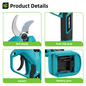 Product details of a blue gardening tool with features highlighted on a white background.