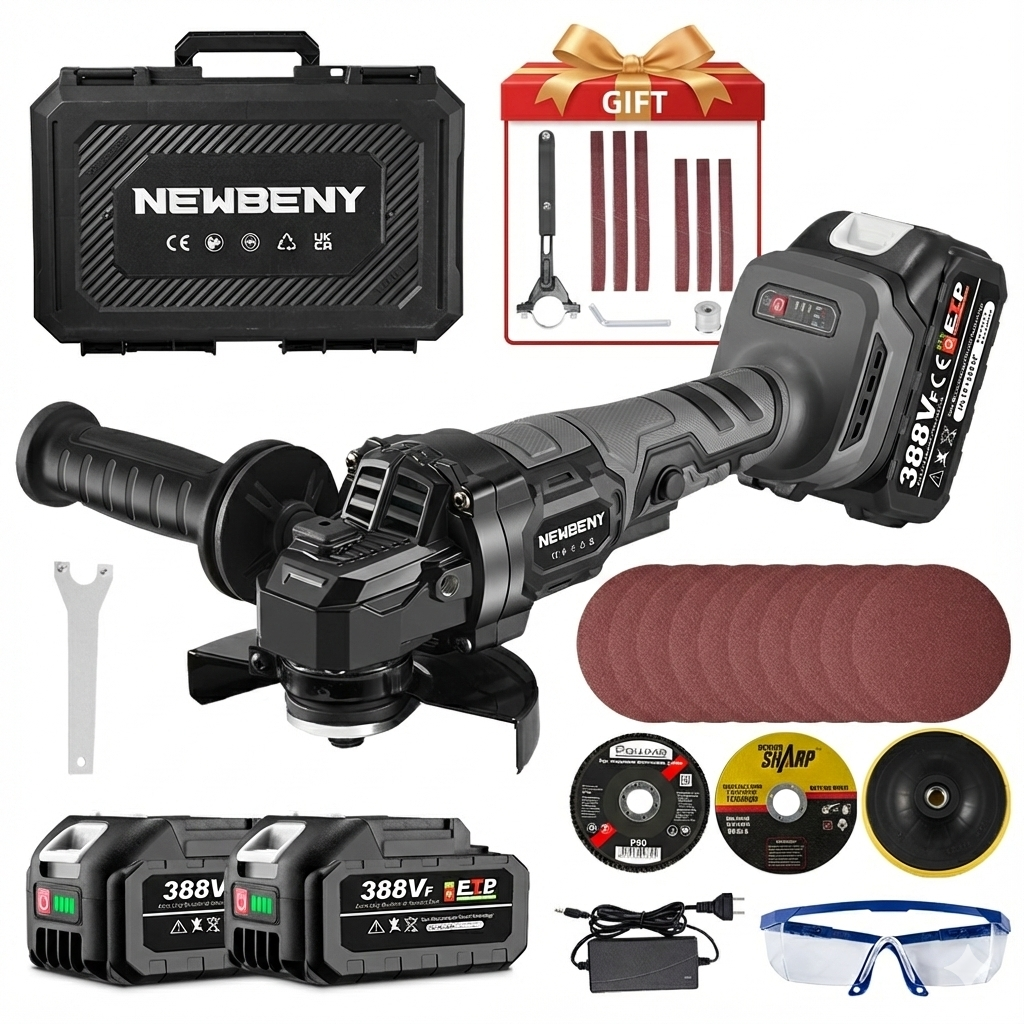 NewBeny 125mm Brushless Cordless Angle Grinder Kit with Belt Sander Conversion Accessories, Battery & Charger Included