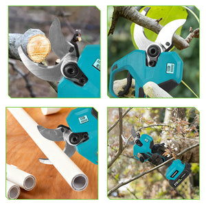 Collage of a blue power tool cutting through wood and branches.