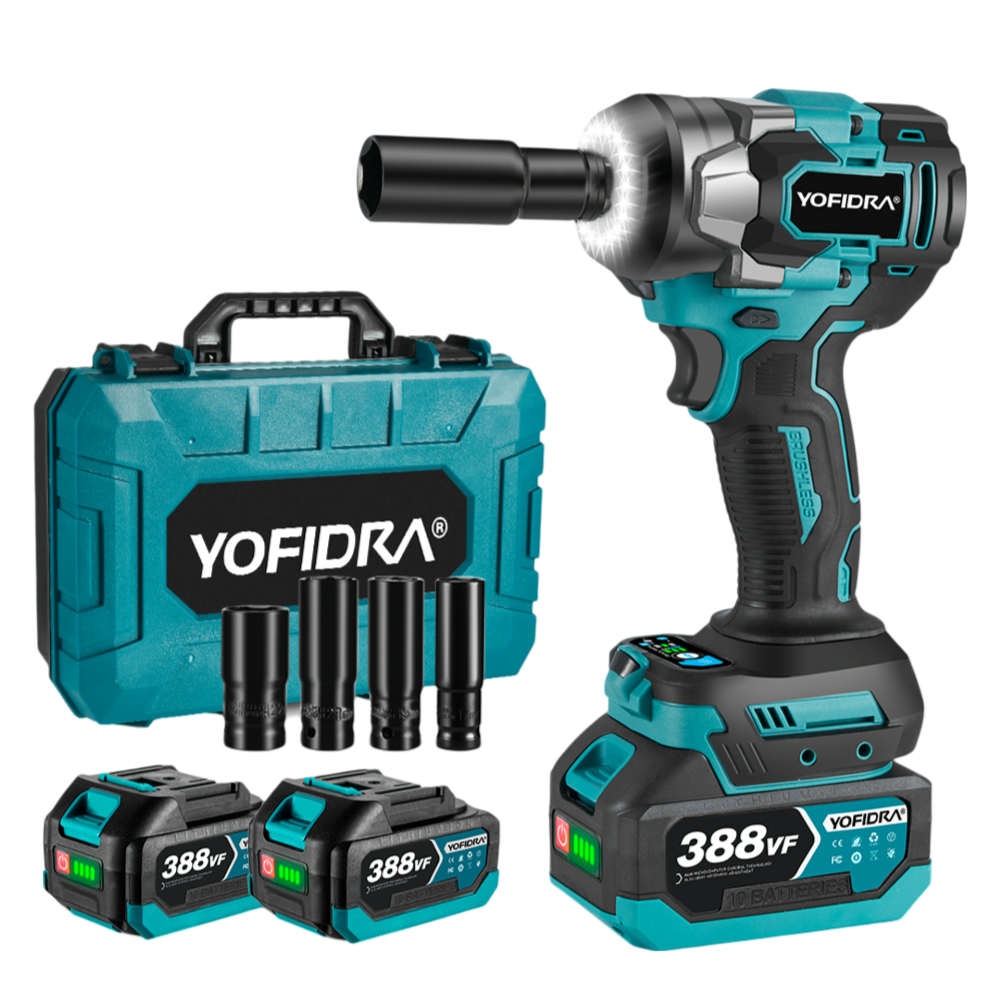 A set of cordless impact wrenches with interchangeable sockets, showing the product along with its batteries and a carrying case, labeled with the brand YOVIDRA.
