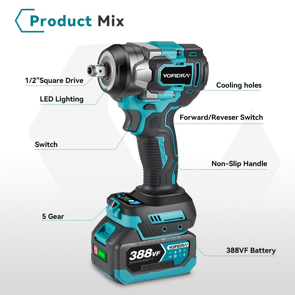 NewBeny Kit combiné clé à chocs sans fil 1000 N.m et perceuse 10mm avec 2 batteries et chargeur