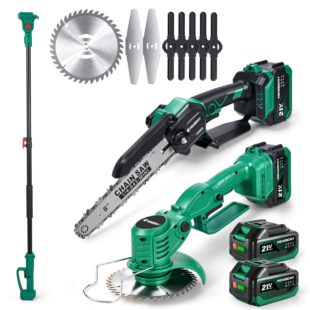 3-in-1 Cordless Garden Tool Kit – 8" Brushless Chainsaw, 6" Grass Trimmer & 1.7m Extension Pole, 2×3.0Ah Batteries