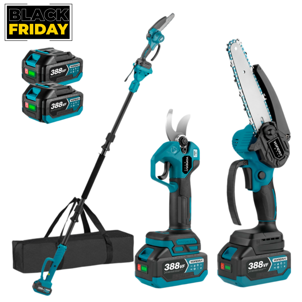 NewBeny Cordless 6" Chainsaw & 25mm Pruning Shears & 2m High Pole Combo Kit With 2 Batteries and Charger