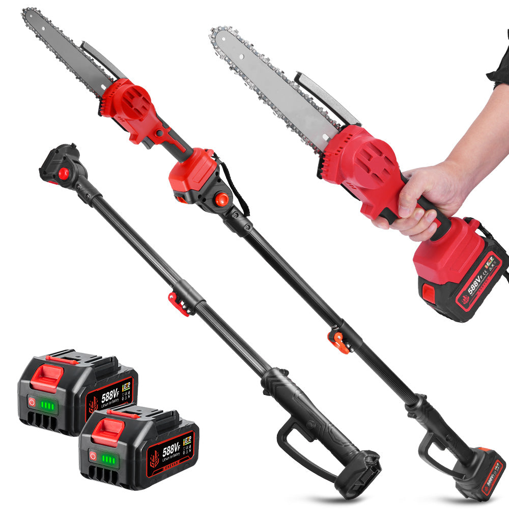 Red and black cordless pole saw with two batteries on a white background