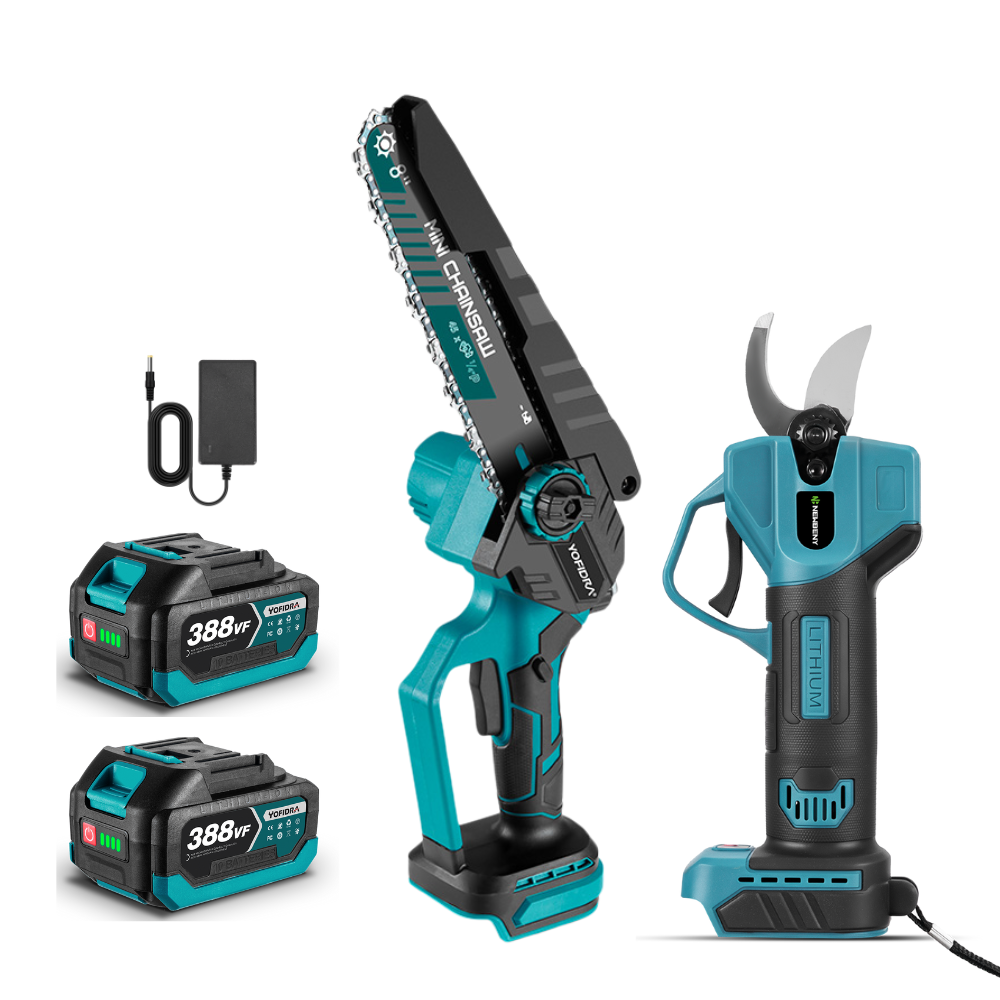 NewBeny Cordless 8" Chainsaw & 30mm Pruning Shears Combo Kit With 2 Batteries and Charger