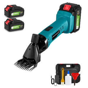 Pet grooming tool with attachments and batteries on a white background