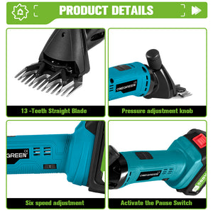 Product details of a power tool with various features highlighted.