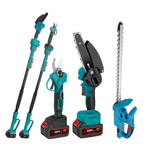A set of cordless garden tools including a hedge trimmer, a chainsaw, pruning shears, and a telescoping pole, all in blue color with a battery-powered design.