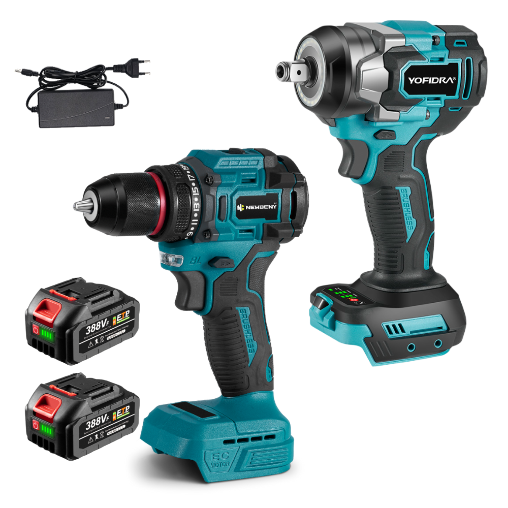 NewBeny Kit combiné clé à chocs sans fil 1000 N.m et perceuse 10mm avec 2 batteries et chargeur