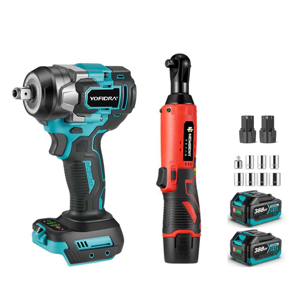 NewBeny 1/2" 1200N.m Cordless Impact Wrench & 3/8" 60N.m Ratchet Wrench Combo Kit