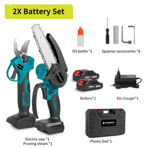 Battery-powered pruning tool and chainsaw kit ideal for home gardening