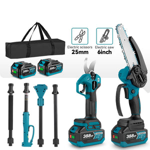 Set of cordless electric scissors and saw with attachments and carrying case on a white background