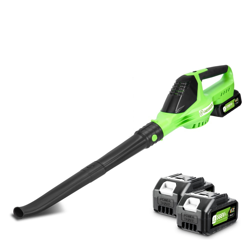 Green leaf blower with two batteries on a white background