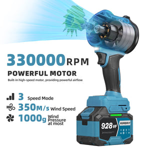Blue and black handheld blower with text highlighting specifications on a white background