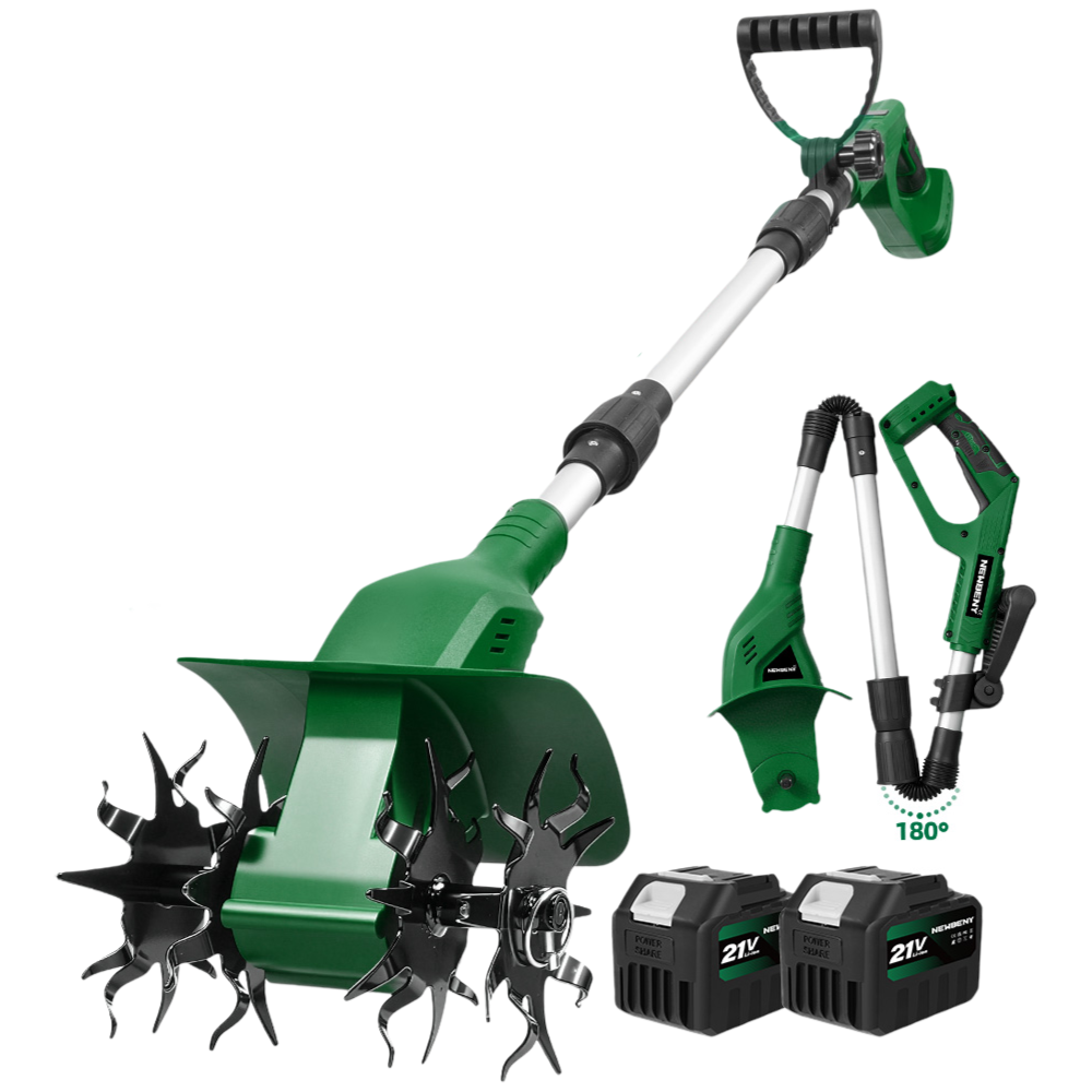 NewBeny 8 Inch Brushless Cordless Cultivator Tiller, Dual-Blade, 3-Fold design, Digital Display