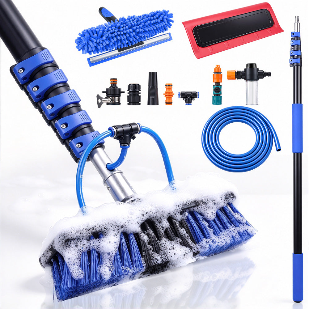 Yofidra 4.8m Multi-Purpose Telescopic Cleaning Pole Kit with Water-Fed Brush, Window Squeegee & Snow Scraper