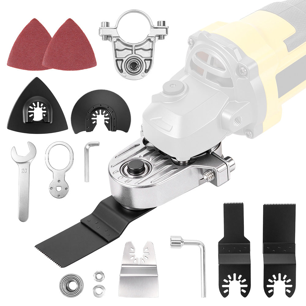A angle grinder accessory kit featuring a white and yellow angle grinder with a silver metal base, shown alongside various metal cutting and sanding blades, a mounting clamp, wrenches, bearings, and sanding discs on a solid white background.