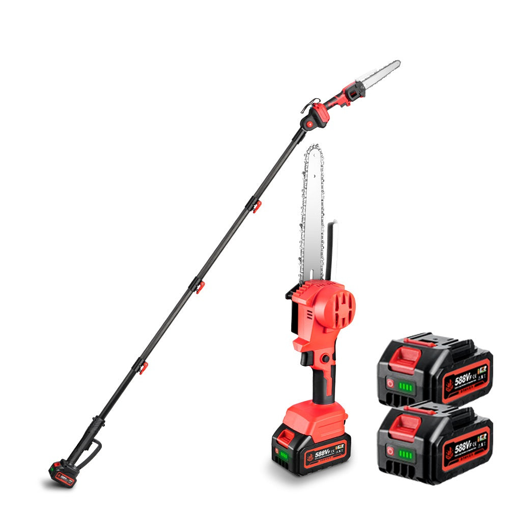 A red and black NewBeny cordless chainsaw with a telescopic extension rod and two batteries with a charger, designed for cutting branches.