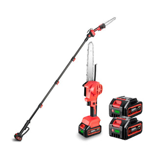 A red and black NewBeny cordless chainsaw with a telescopic extension rod and two batteries with a charger, designed for cutting branches.