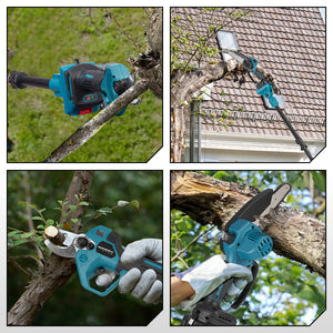 Cordless pruning and cutting combo in use for home garden tree maintenance
