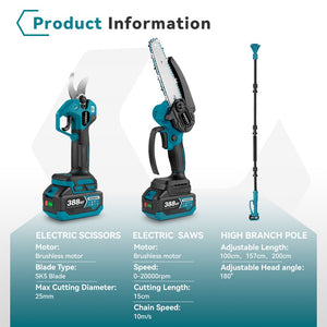 information of NewBeny cordless chainsaw, pruning shears and high pole combo kit with 2 batteries and charger
