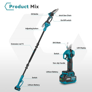 Full view of NewBeny pruning and cutting tool kit including chainsaw, shears, pole, batteries and charger