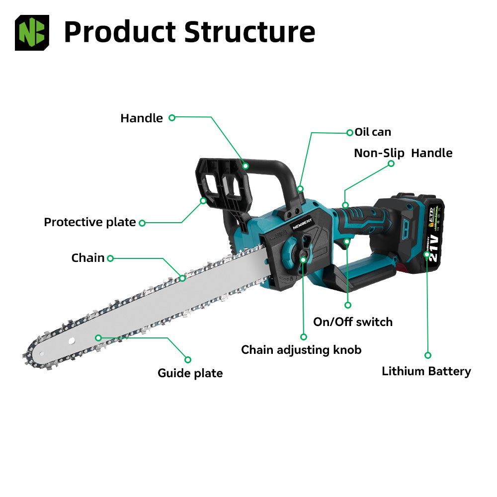 NewBeny 21V 12 Inch Brushless High-Speed Chainsaw Cordless Chainsaw