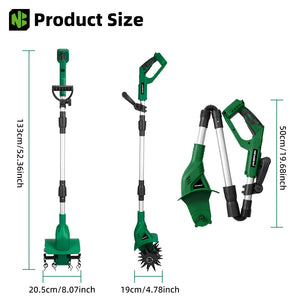 Gardening tool set with measurements on a white background