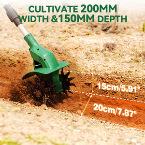 Green gardening tool cultivating soil with measurements displayed