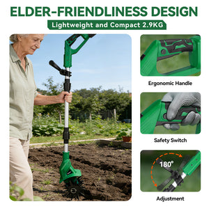 NewBeny Cordless Cultivator with elderly person using it, highlighting features like ergonomic handle and safety switch.