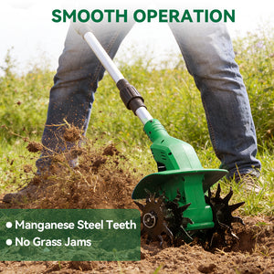 Person using a green tiller in a grassy area with text highlighting features.