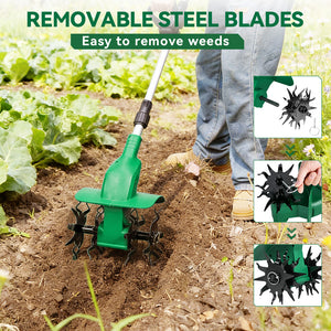 NewBeny Cordless Cultivator with removable steel blades being used to ease weed removal in a garden.