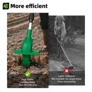 Green gardening tool being used on soil with a comparison to manual labor.