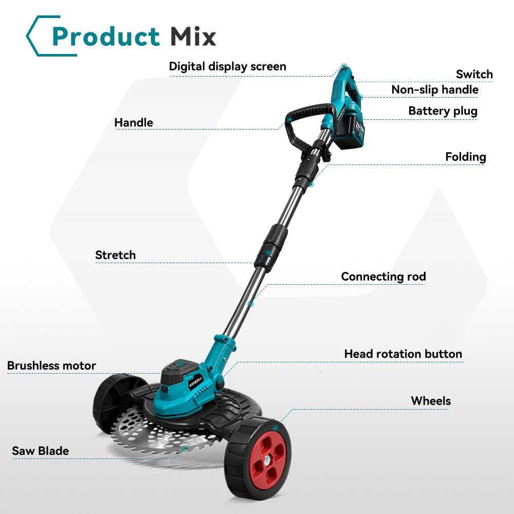 NewBeny Débroussailleuse Sans Fil Brushless 23cm, Pliable, avec roues (2 batteries et chargeur inclus)