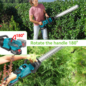 Person using a cordless hedge trimmer to trim bushes with text highlighting handle rotation feature.