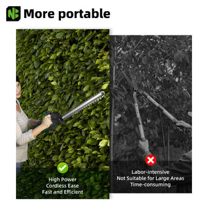 Person using a cordless hedge trimmer on a green hedge with text highlighting its advantages.