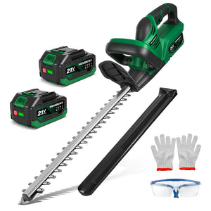 Newbeny Green and black hedge trimmer set with two batteries, gloves, and safety glasses on a white background