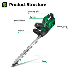 Hedge trimmer with labeled parts on a white background