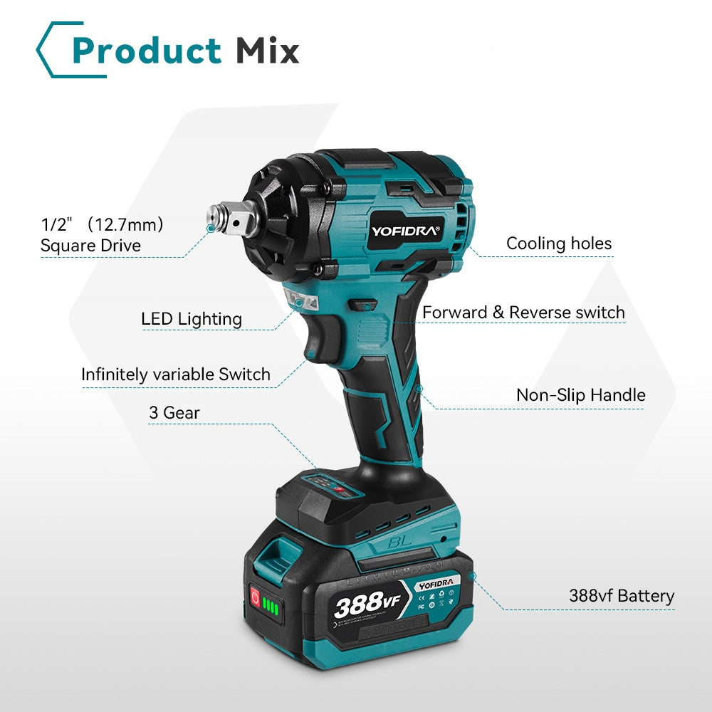 NewBeny 1/2" 1000N.m Brushless Cordless Impact Wrench 3 Gears For Makita 18V Battery
