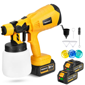 A yellow and black NewBeny cordless paint sprayer with a 1000ML container capacity, accompanied by two batteries, a charger, and other accessories.