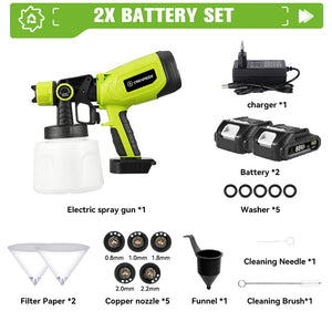 Electric spray gun set with batteries, charger, and accessories on a white background