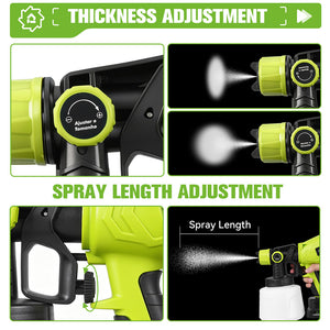 Spray gun with thickness and spray length adjustment features on a green background