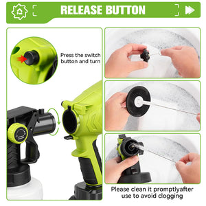 Instructions for using a green and black spray gun with text on how to operate and clean it.