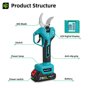 Teal electric pruning shear with labeled parts on a white background