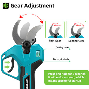 Teal garden pruner with gear adjustment illustration and specifications on a white background