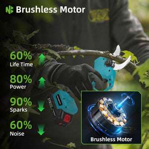 Person using a hedge trimmer with a focus on brushless motor technology, highlighting features like life time, power, sparks, and noise.